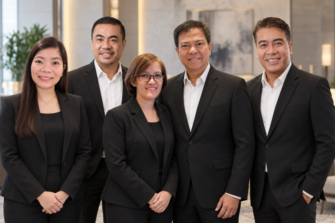 The five AngGaLing FX Academy co-founders standing together in dark business suits